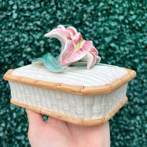 Vintage Fitz and Floyd ceramic trinket dish with lid, tropical home decor